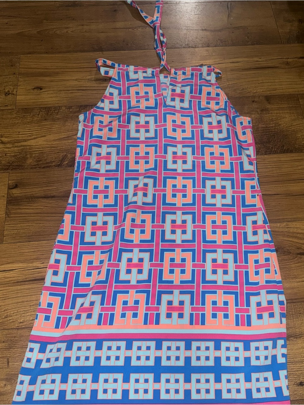 crown & ivy Pink and Blue Geo-Print Halter Midi Dress